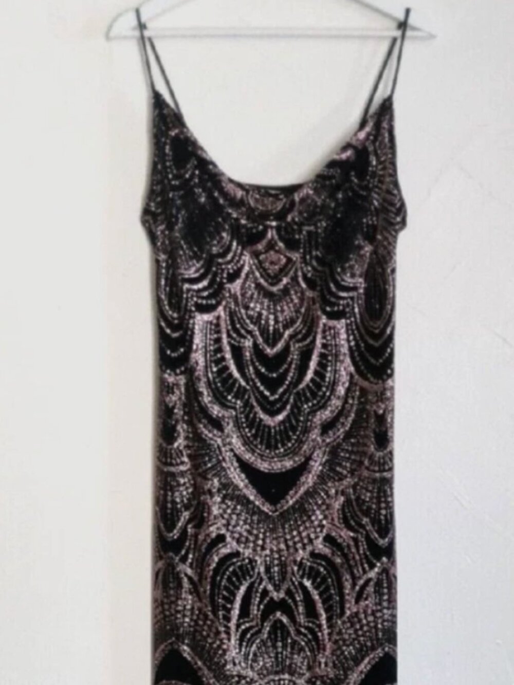 Jump Apparel Evening Dress Size 7/8 Black Rose Gold Glitter Art Deco Formal